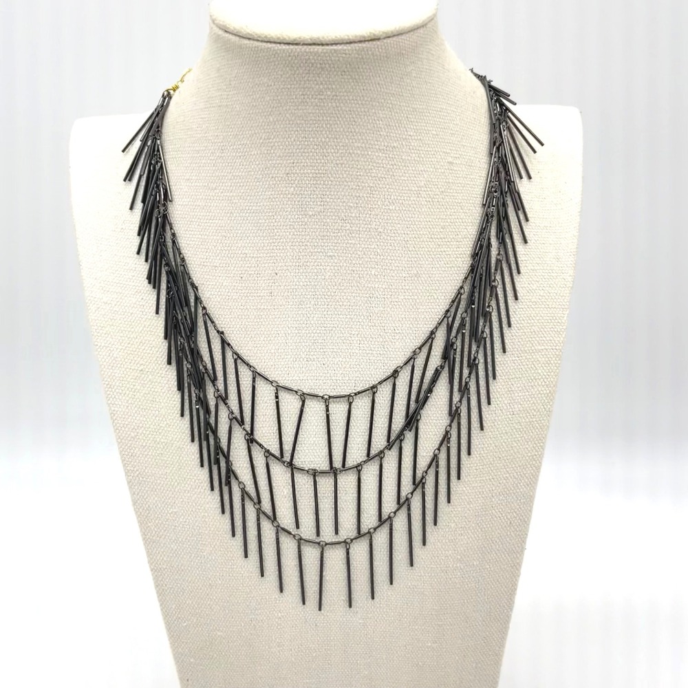 Layered Black Spike Fringe Statement Necklace Gold Tone Chain Adjustble Length